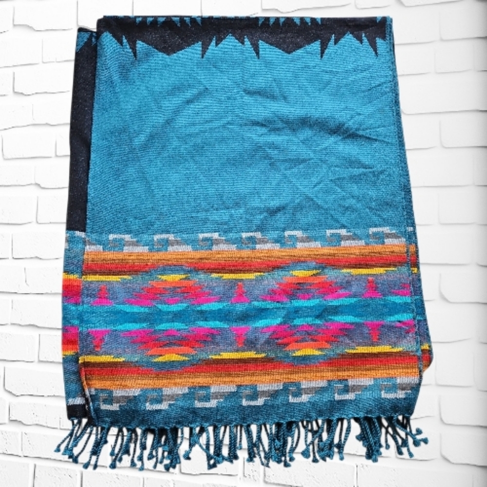 Western Aztec Pattern Cape Wrap Shawl | Festival Boho Style | Teal - Picture 3 of 3